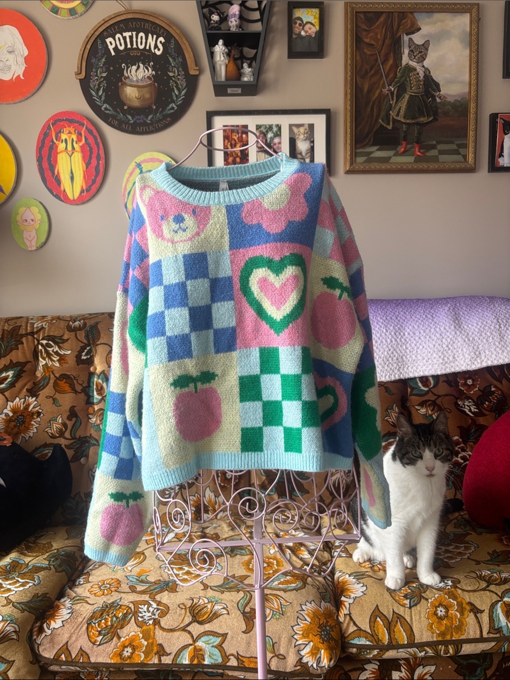 Pastel Kidcore Patchwork Heart & Fruit Crewneck Sweater - Multicolor